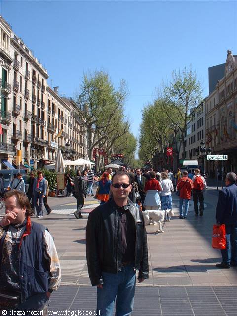 Tourist in leather jacket on La Rambla, pedestrians, trees and sunshine