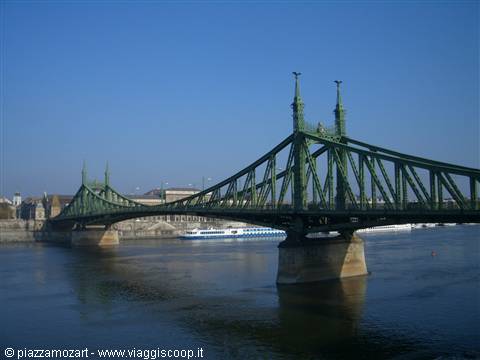 Green Liberty Bridge over the Danube in Budapest, clear sky, white boat