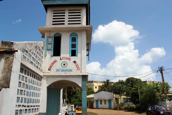 Bell tower of the Fihrianana Loterana Malagasy Lutheran church in Antsiranana