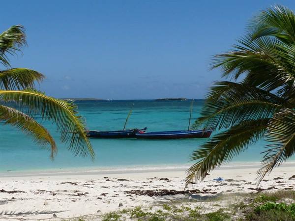Fishing boats anchored in turquoise water, white sand beach and palm fronds