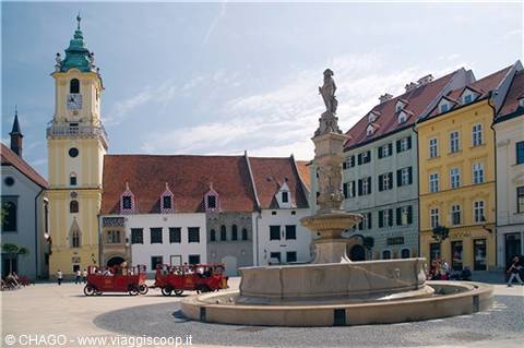 Roland Fountain and the Old Town Hall tower in Bratislava