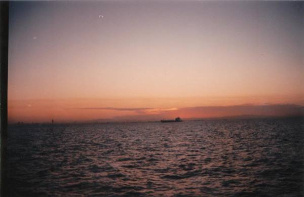 Cargo ship silhouette on dark sea under an orange and purple sky