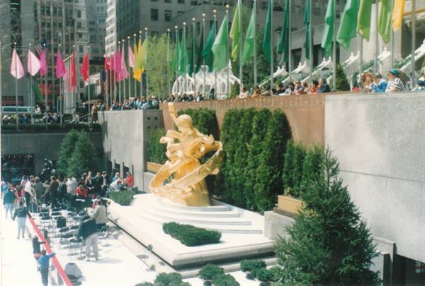 Golden Prometheus statue above the ice rink at Rockefeller Center, New York