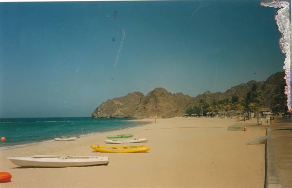 Yellow and green kayaks on the sand beneath palms and arid mountains