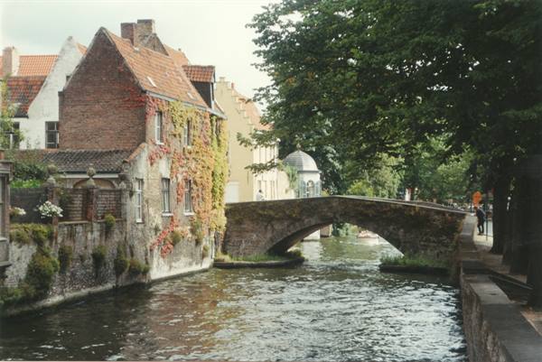 Stone bridge over the canal, brick houses covered in ivy, Bruges