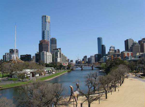 Yarra River among Melbourne skyscrapers, with Eureka Tower and the bridge