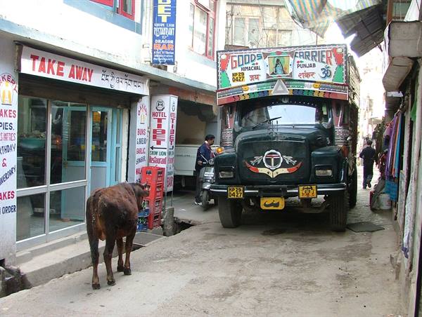 A decorated Tata truck squeezes into a narrow street, a cow walks past shops