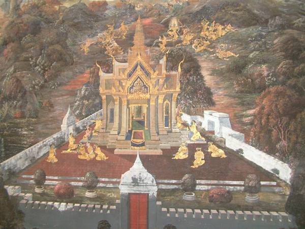 Gilded mural of Thai temple with mythological figures, Wat Phra Kaew