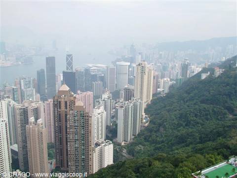 Hong Kong skyscrapers in the haze seen from Victoria Peak, green mountainside