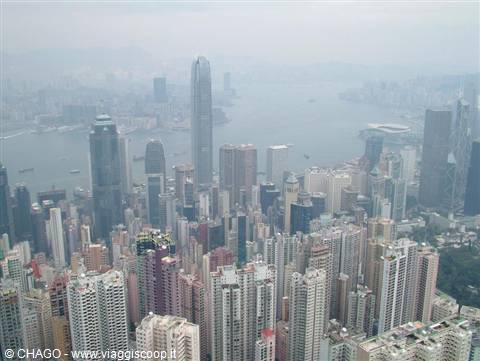 Hong Kong from Victoria Peak: skyscrapers wrapped in haze above the harbour