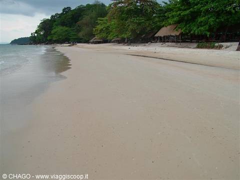 Pale sandy beach with wet shoreline, thatched huts among tropical trees, overcast sky