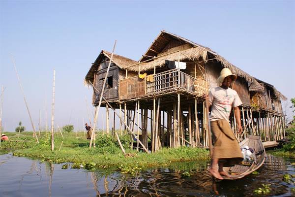 Man rowing wooden boat past bamboo stilt house, Inle Lake