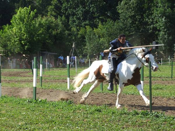 Armored rider with lance gallops on a piebald horse between green posts