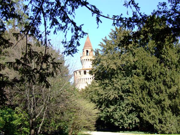 Brick medieval tower with conical roof among green trees under blue sky