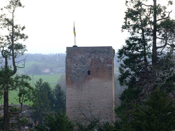 Medieval brick tower with flag among tall trees, green hills in background