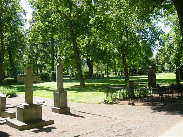 Tree-lined cemetery with stone cross and columns, sunlight through the leaves