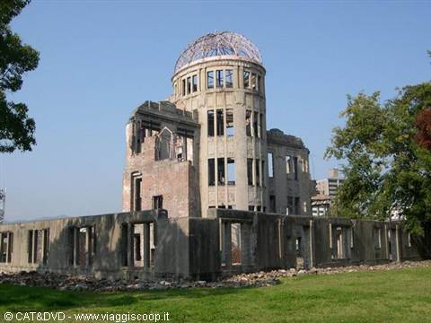 Genbaku Dome in Hiroshima, concrete ruins under a clear blue sky