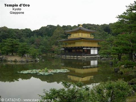 Kinkaku-ji, the Golden Pavilion in Kyoto, reflects in the pond surrounded by trees