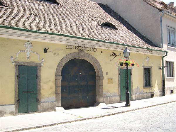 Yellow facade with arched gate and Vinotéka sign, cobblestones and lamppost