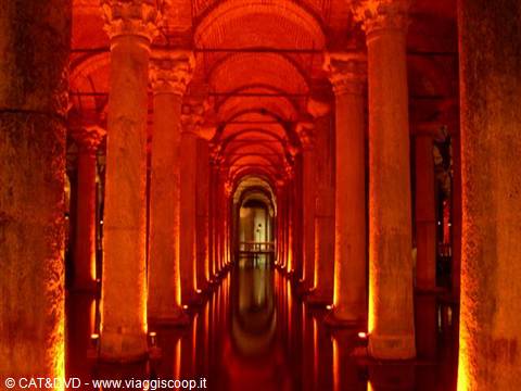 Marble columns in Istanbul's Basilica Cistern, lit in red