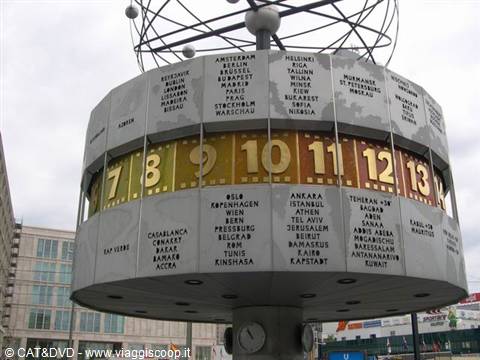 Berlin Weltzeituhr at Alexanderplatz, colorful digits and world city names