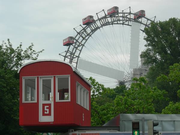 Red cabin number 5 and the Wiener Riesenrad ferris wheel in Vienna