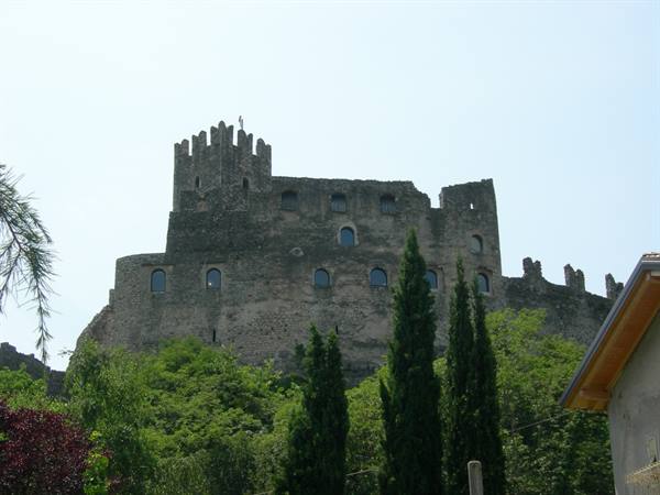 Medieval stone castle with crenellated tower above green trees