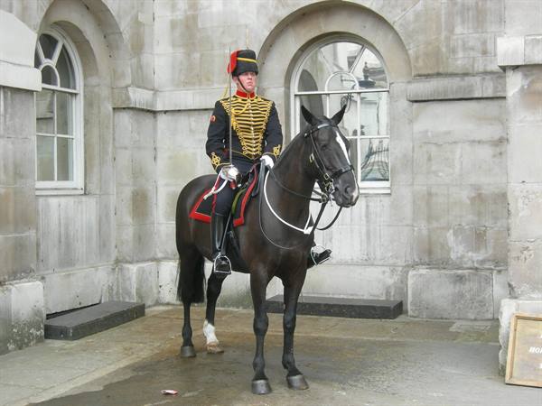 Rider in gold uniform on a black horse outside the Horse Guards barracks in London