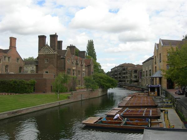 Wooden punts lined up on the River Cam beside Cambridge college buildings