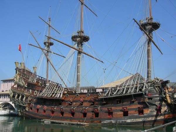 Wooden galleon Neptune moored at Genoa's old harbor