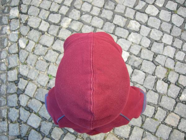 Child in red hooded sweatshirt seen from above on cobblestones