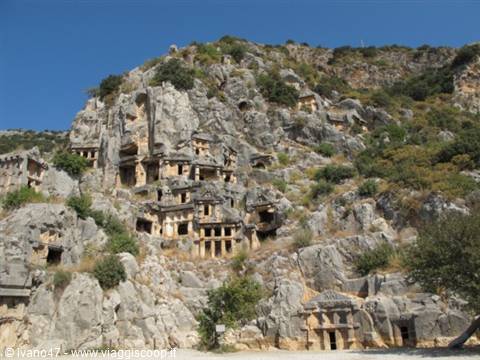 Lycian rock-cut tombs carved into the cliff at Myra, in sunlight