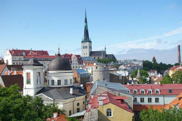 Tallinn red rooftops with the green spire of St Olaf's Church