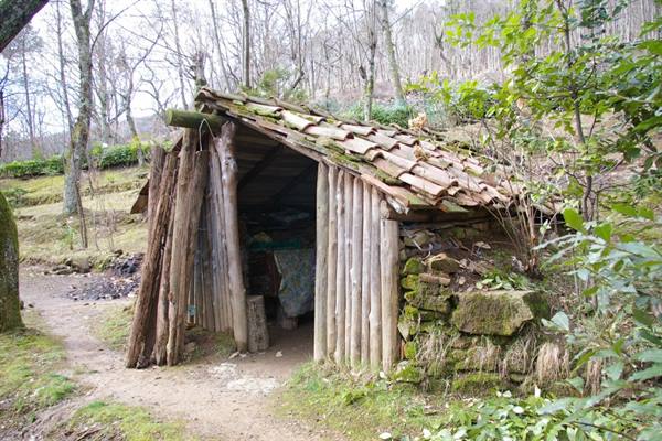 Rustic wooden shelter with tiled roof among trees and stone walls