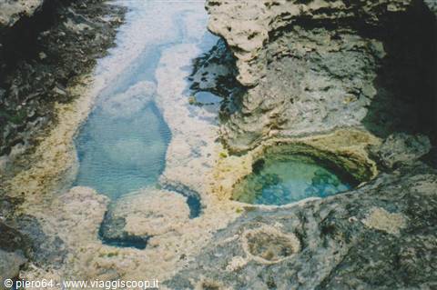 Turquoise water among eroded limestone rocks, natural pool carved in stone