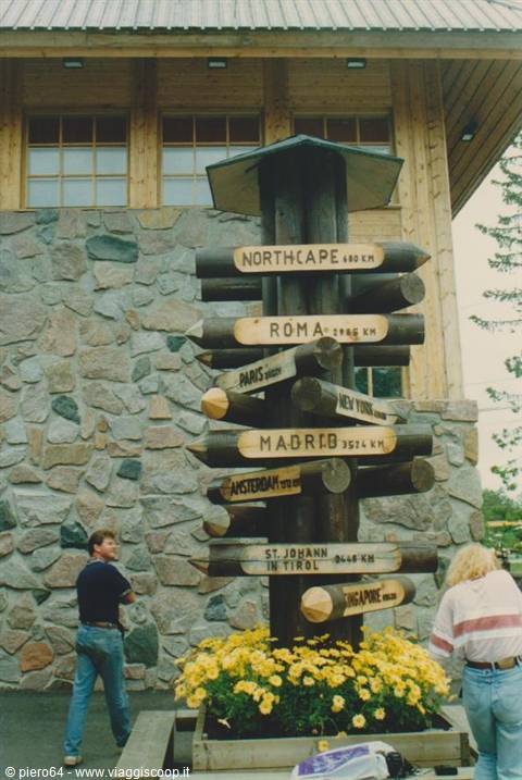 Wooden log signpost showing distances to Rome, Madrid, Northcape, against a stone wall
