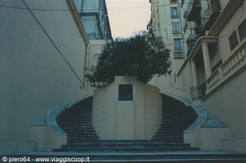Twin marble staircases with central tree between Genoa buildings