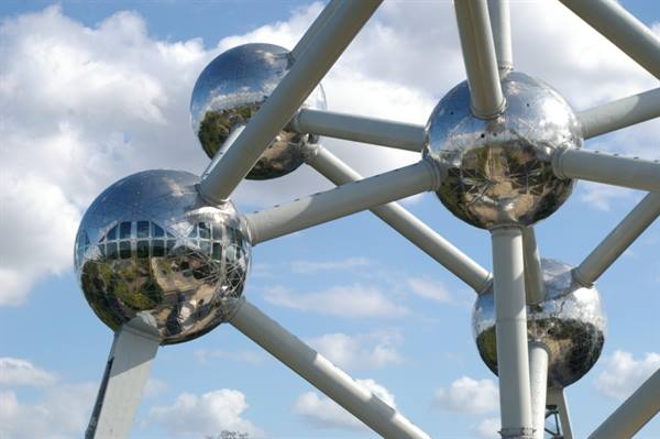 The Atomium in Brussels: polished steel spheres reflecting the clouds