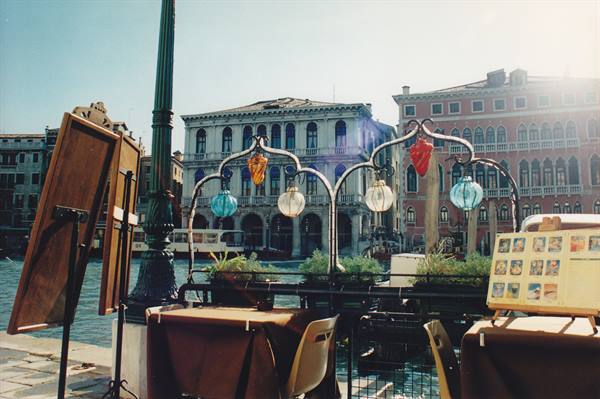 Murano glass lanterns on a stall beside Venice Grand Canal