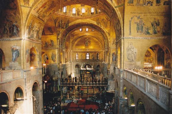 Golden mosaic interior of St Mark's Basilica in Venice