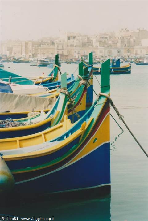 Colorful luzzu fishing boats moored at Marsaxlokk harbor, soft light on water