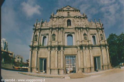 Stone facade of the Ruins of St. Paul's in Macau under cloudy sky