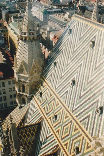 Colorful tiled roof and Gothic spire of St. Stephen's Cathedral, Vienna