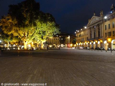 Piazza Napoleone in Lucca at night, illuminated tree and arcaded buildings