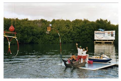 Two dolphins leap from the floating platform at the delfinario, trainers waving