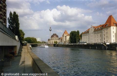 Spree river in Berlin with the TV tower and Cathedral under white clouds