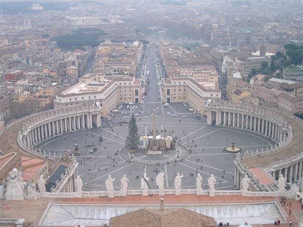 St. Peter's Square from the dome, Bernini's colonnade, obelisk and Via della Conciliazione in haze