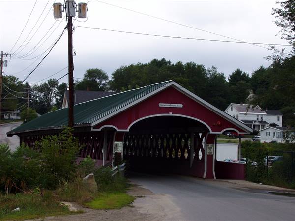 Red wooden covered bridge with green roof, road and houses among trees
