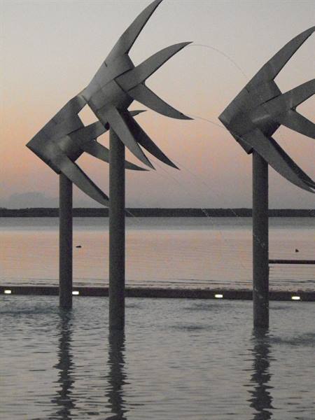 Metal fish sculptures spouting water at Cairns Esplanade lagoon