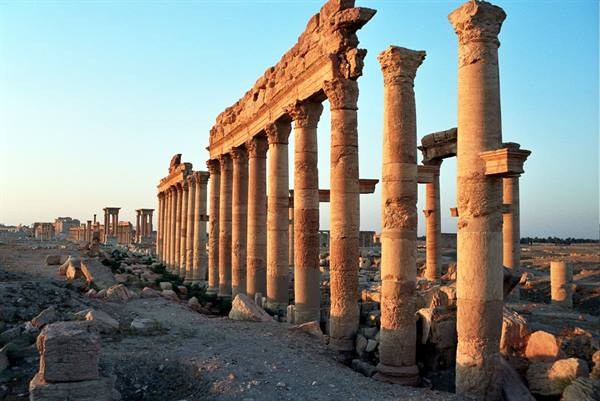 Ancient stone columns of Palmyra's Great Colonnade glowing in golden light